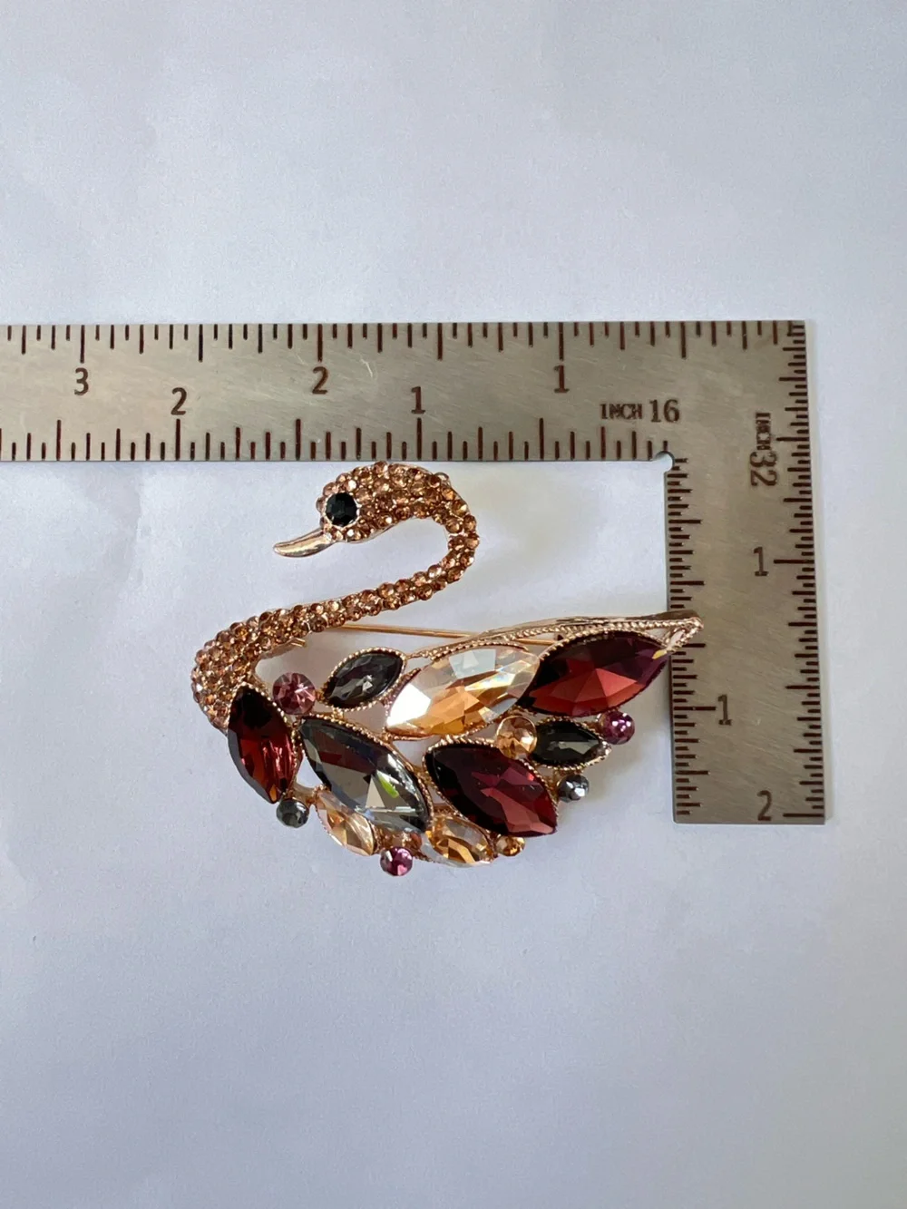 Swan Crystal Brooch Pin in Rose Gold with Multi-Colored Gems
